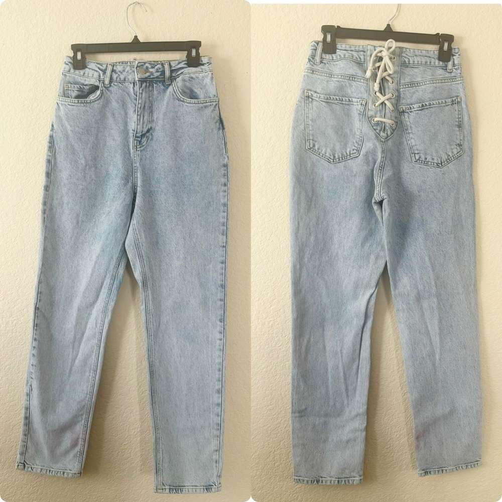 Boohoo Lace Up Back Mom Jeans Womens 4 Light Wash High Rise Corset Detail